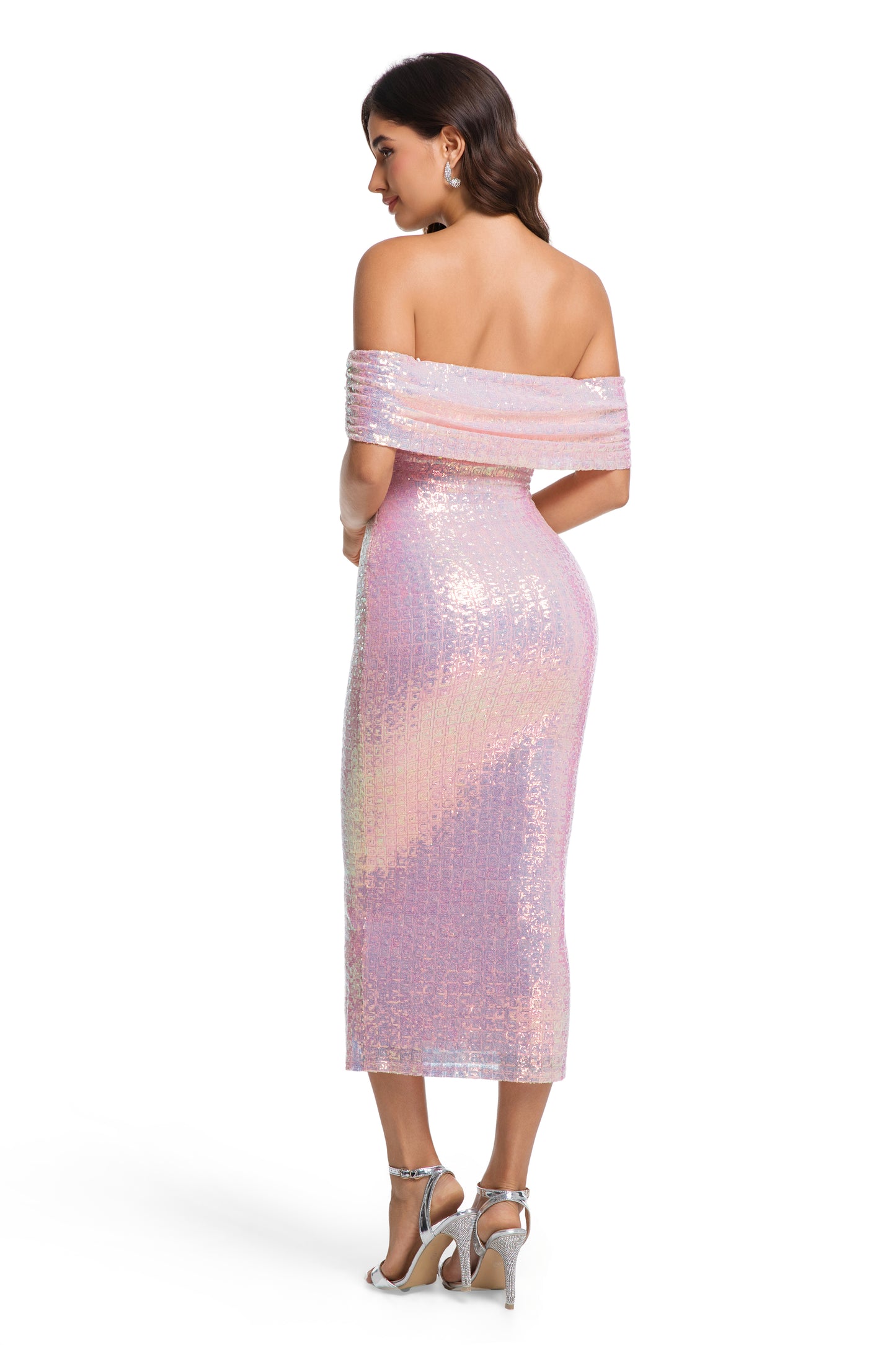 Iridescent Off-Shoulder Sequin Bodycon Midi Dress