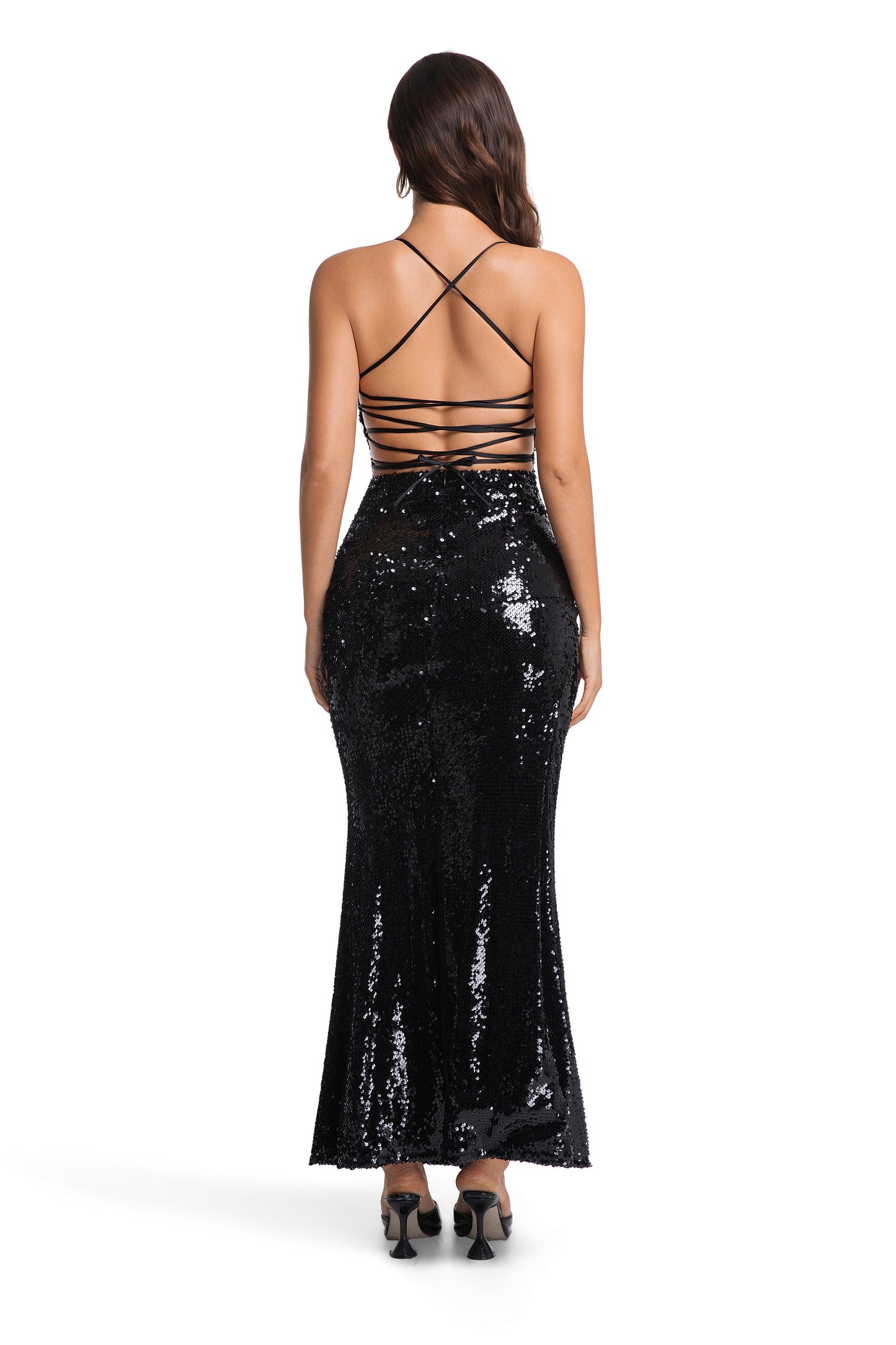 Black Sequin Deep V Maxi Dress with Thigh Slit