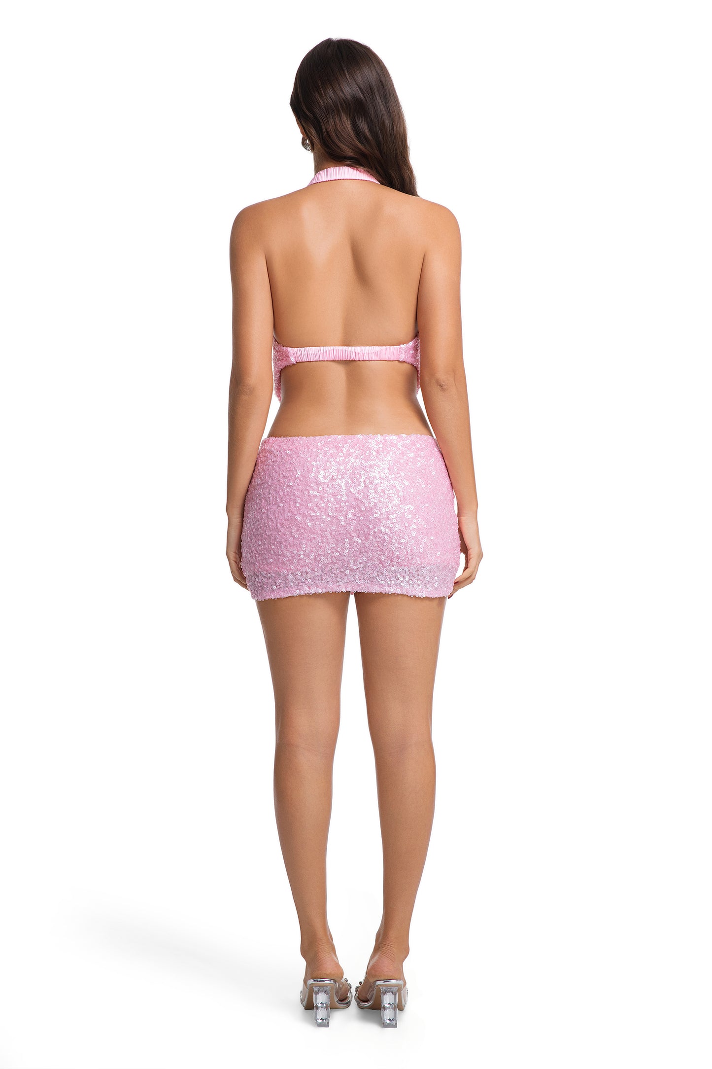 Pink Sequin Halter Cowl Neck Mini Dress