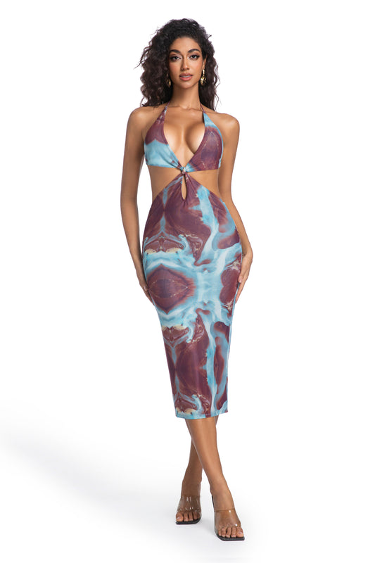 Aqua & Wine Abstract Tie-Front Midi Dress