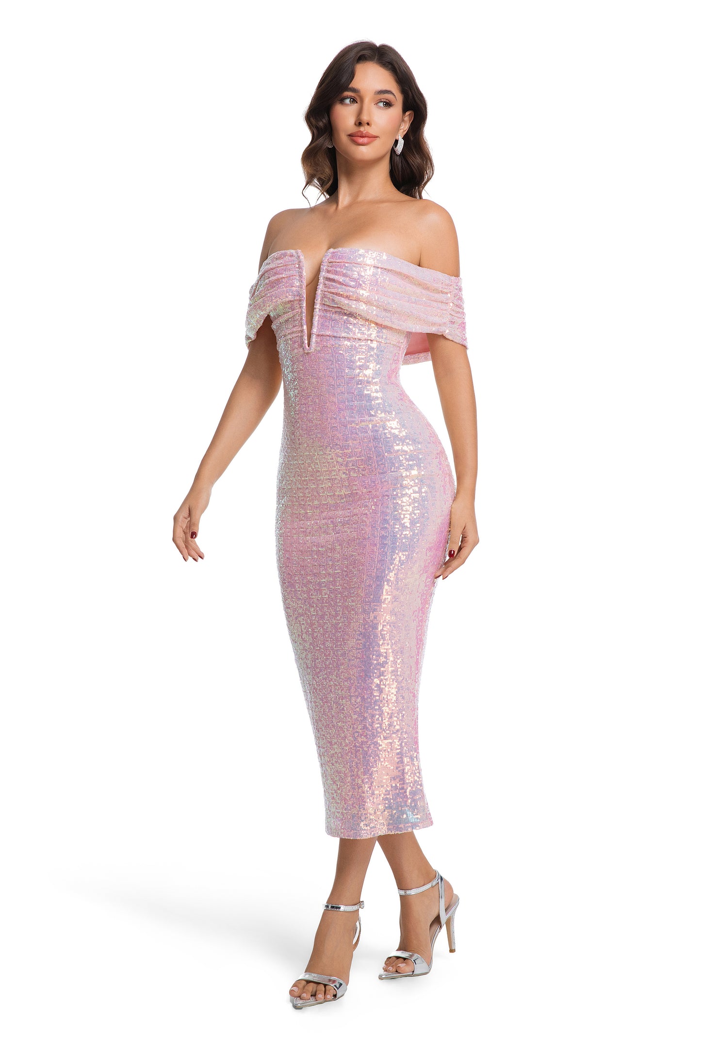 Iridescent Off-Shoulder Sequin Bodycon Midi Dress