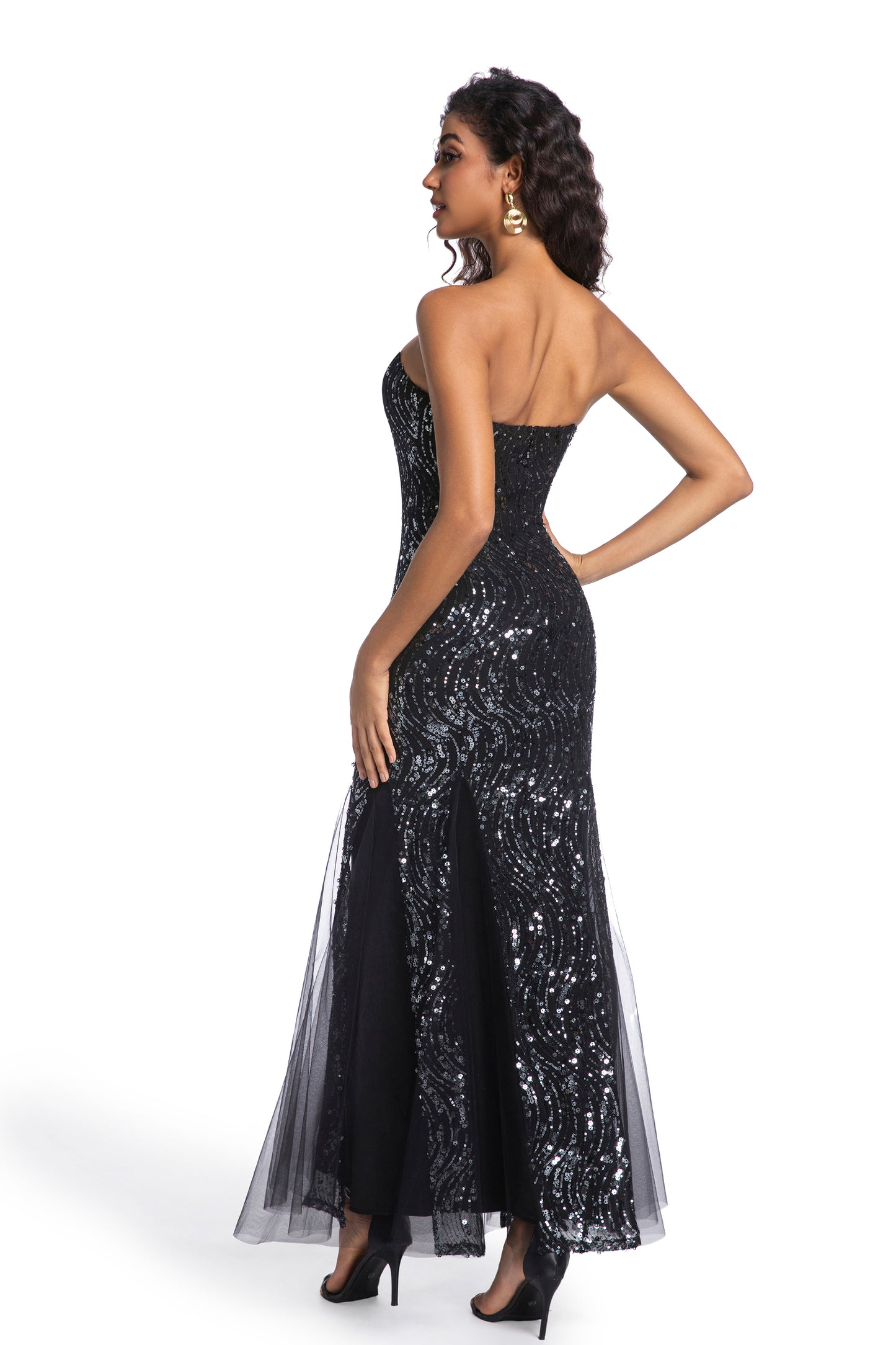 Black Sequin Strapless Mermaid Gown