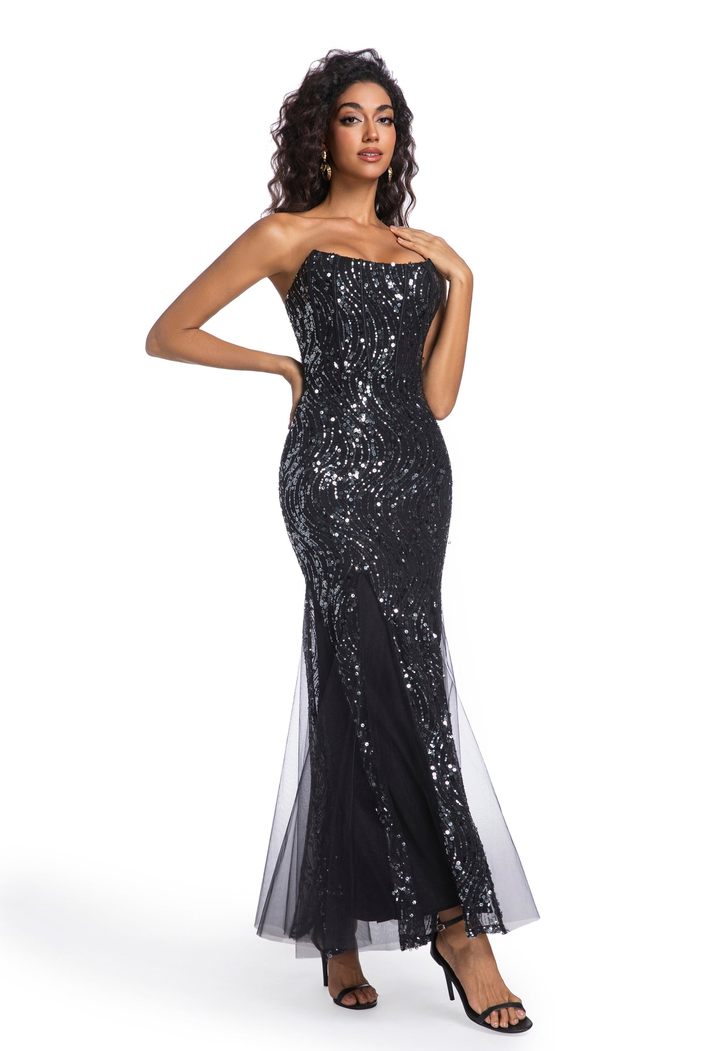 Black Sequin Strapless Mermaid Gown