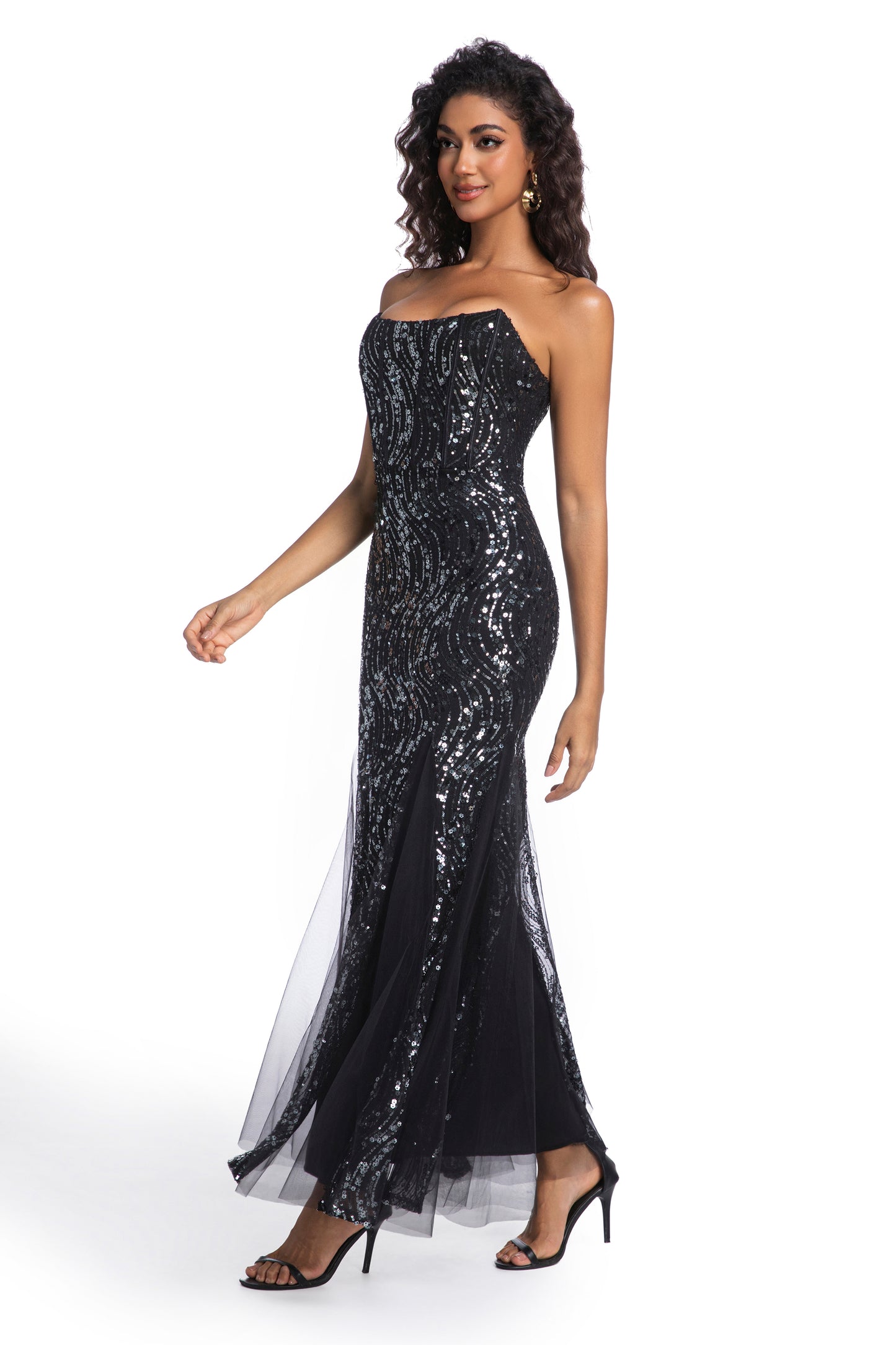 Black Sequin Strapless Mermaid Gown