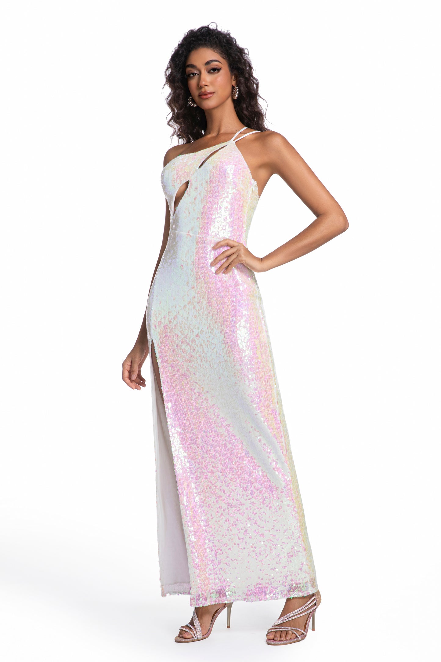 Iridescent Pink Sequin One-Shoulder Gown