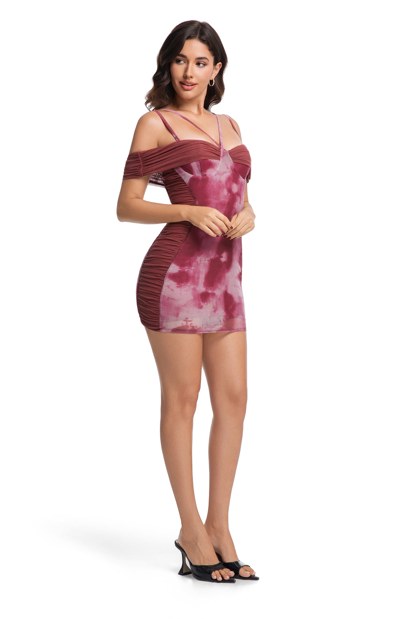 Burgundy Tie-Dye Off-Shoulder Ruched Mini Dress
