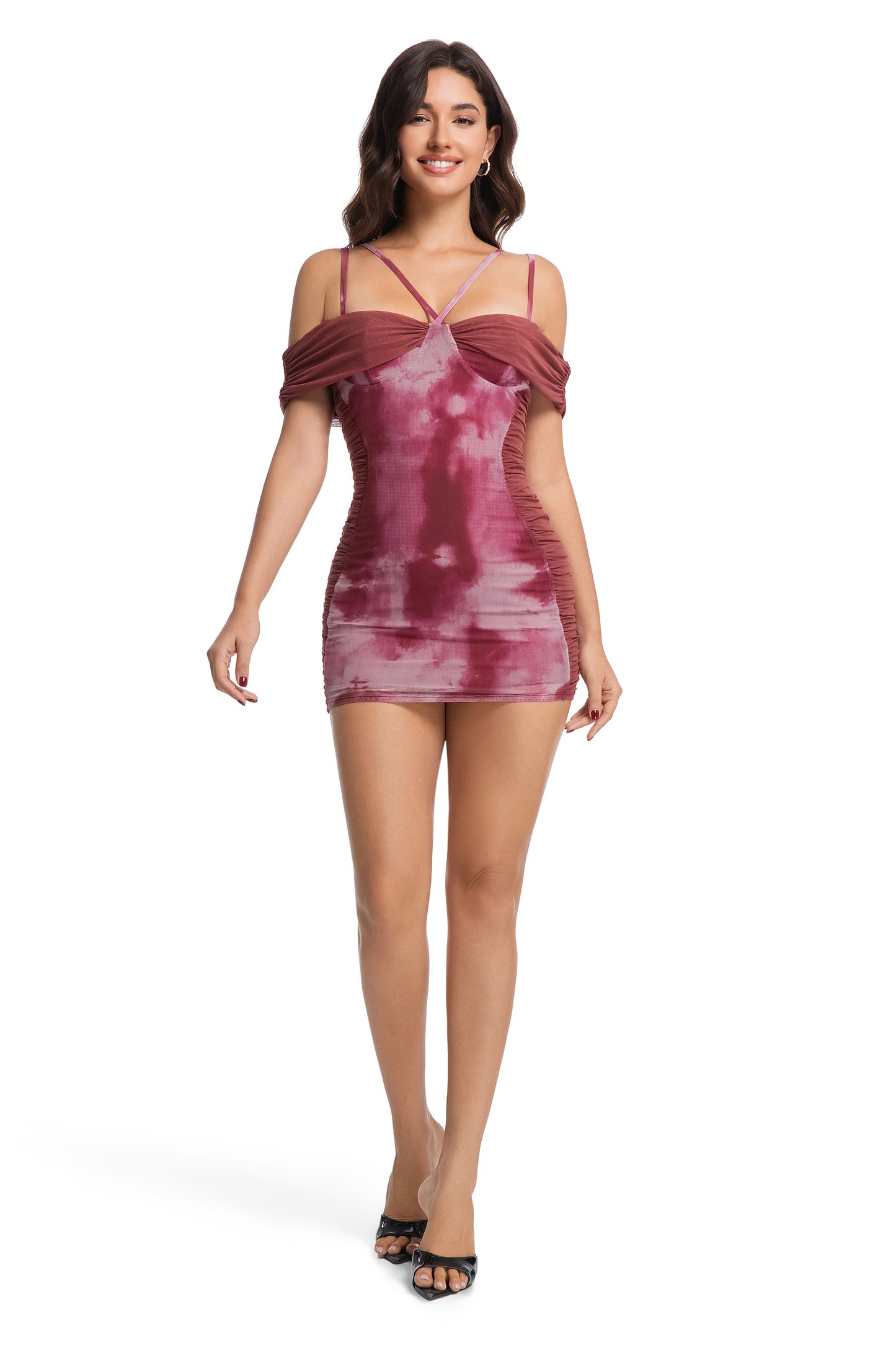 Burgundy Tie-Dye Off-Shoulder Ruched Mini Dress