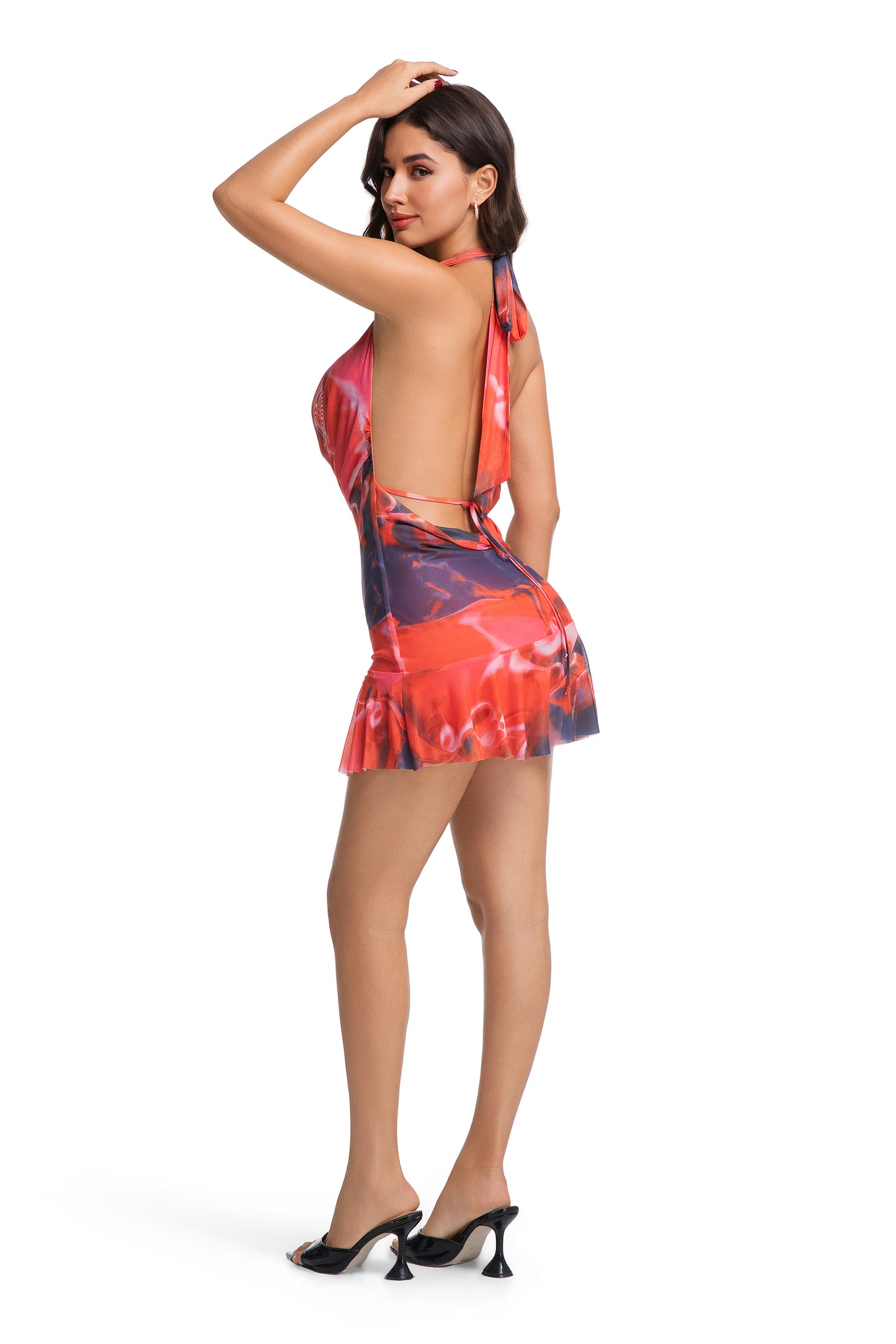 Red Abstract Halter Drape Mini Dress