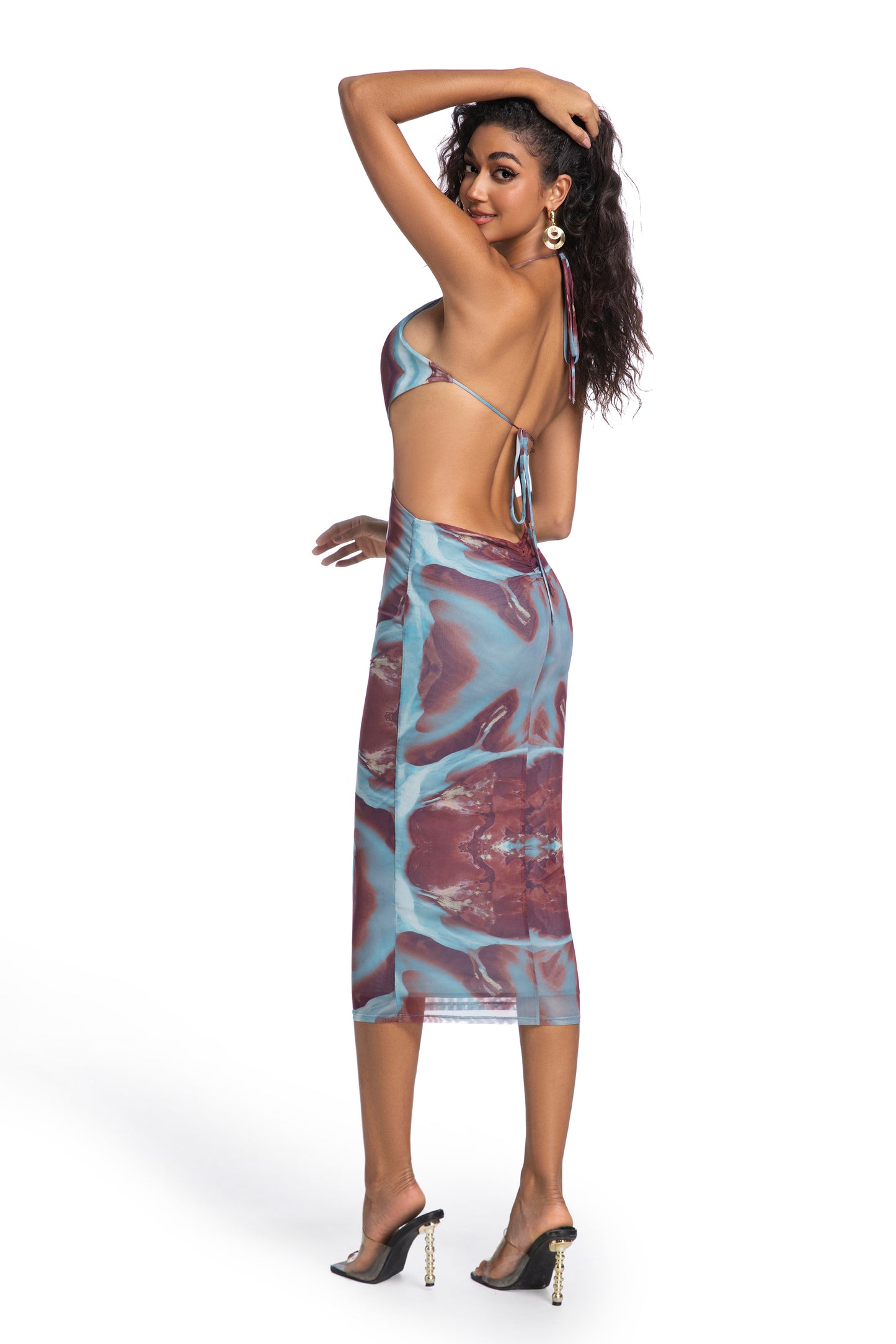 Aqua & Wine Abstract Tie-Front Midi Dress