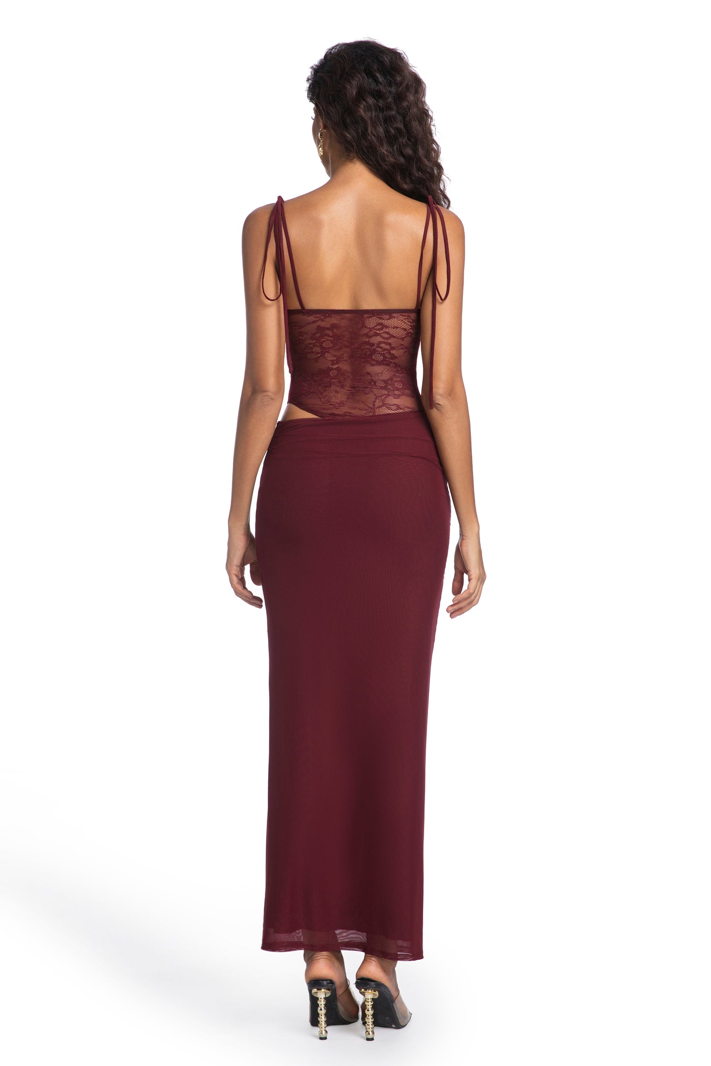 Sheer Mesh Wine Lace Maxi Dress