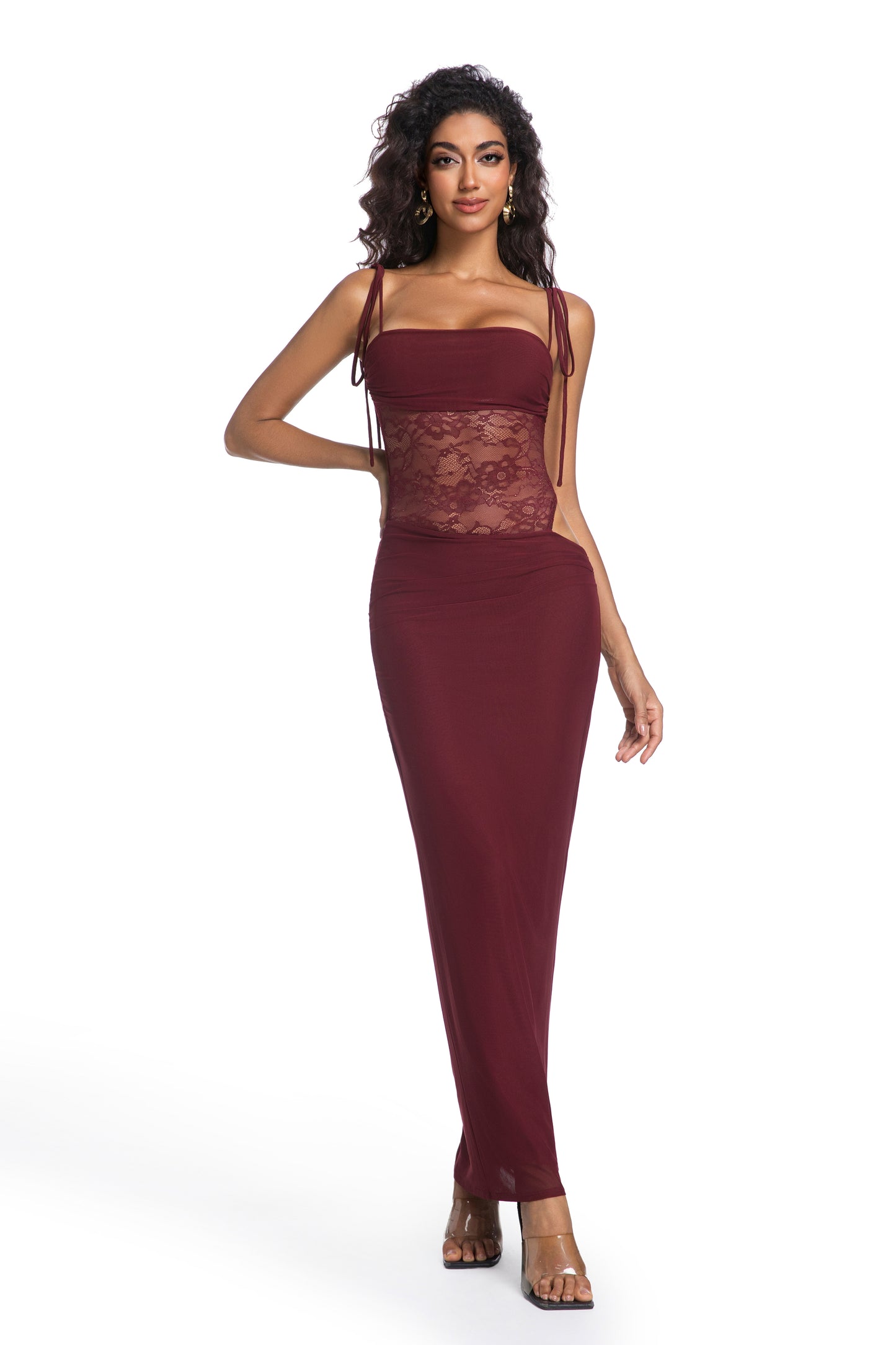 Sheer Mesh Wine Lace Maxi Dress