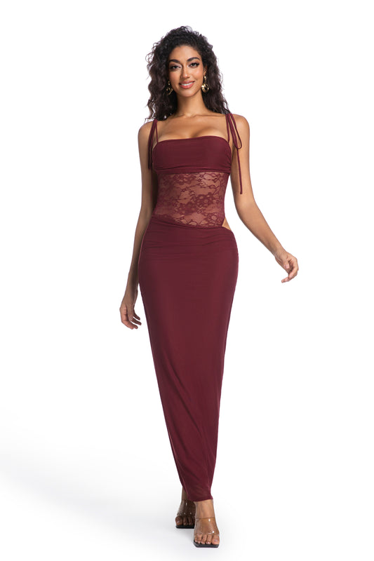 Sheer Mesh Wine Lace Maxi Dress