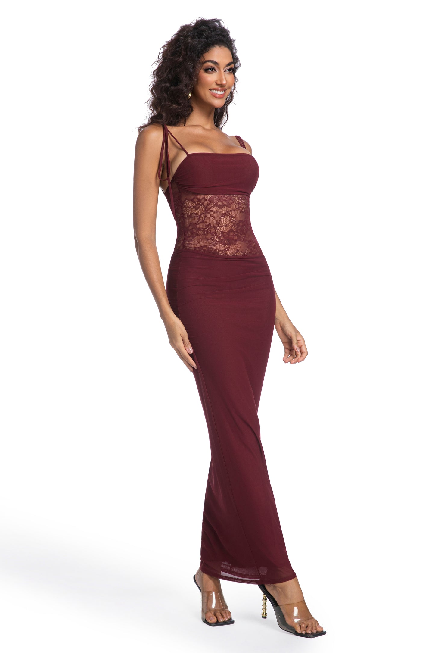 Sheer Mesh Wine Lace Maxi Dress