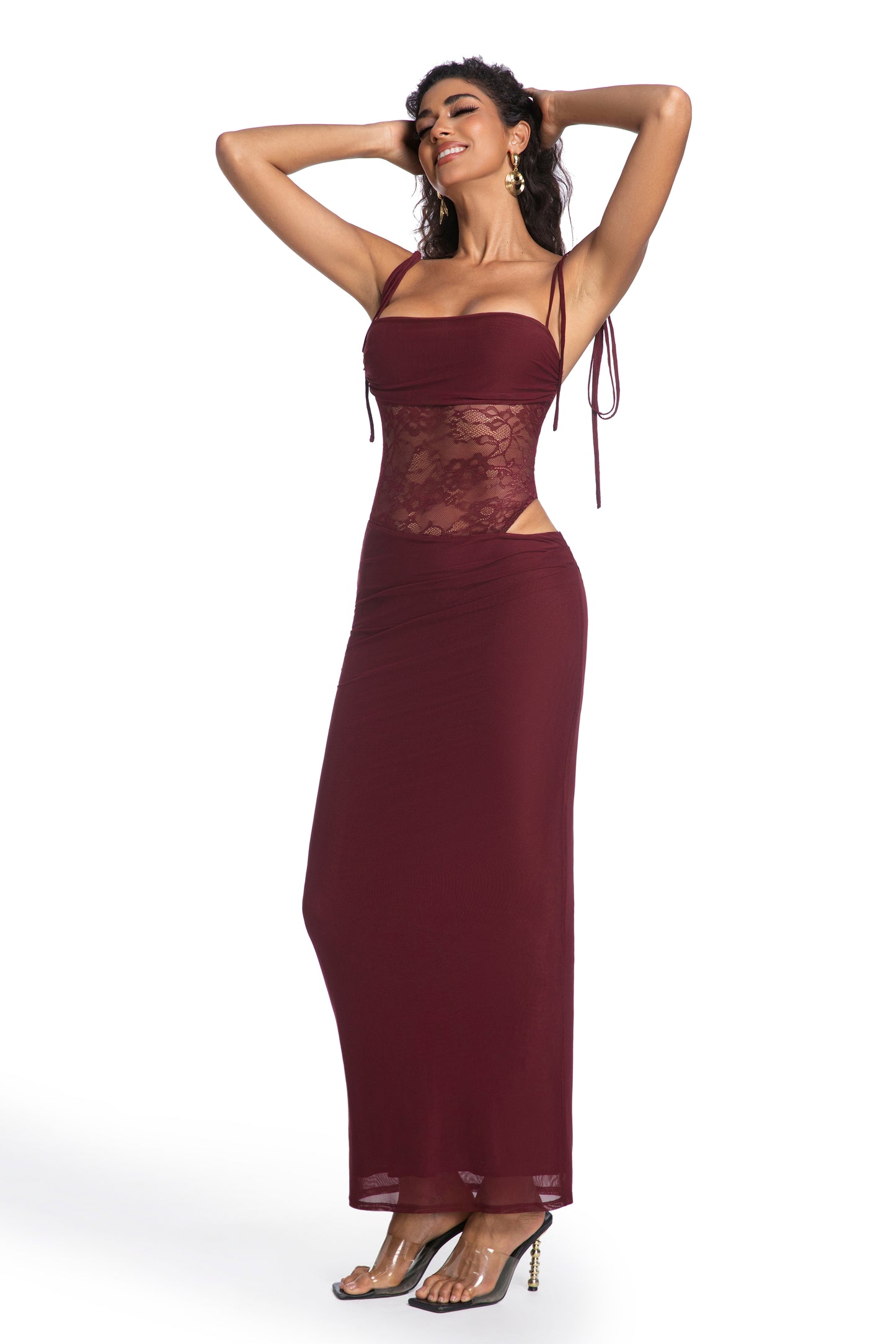 Sheer Mesh Wine Lace Maxi Dress