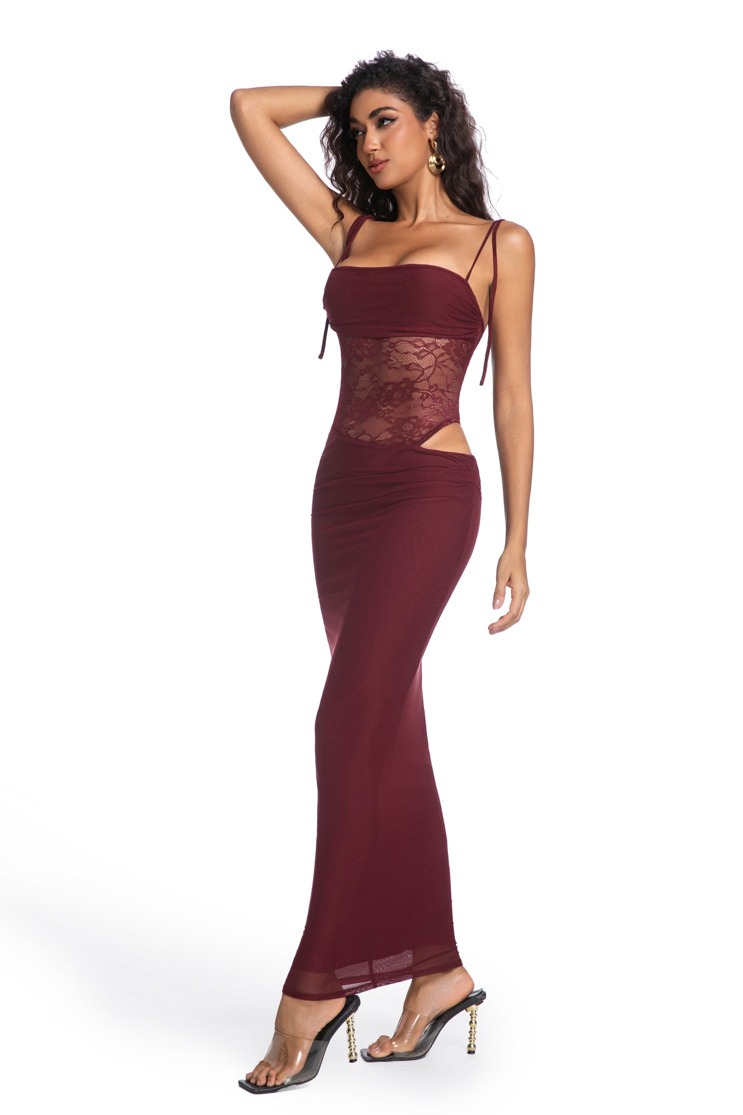 Sheer Mesh Wine Lace Maxi Dress
