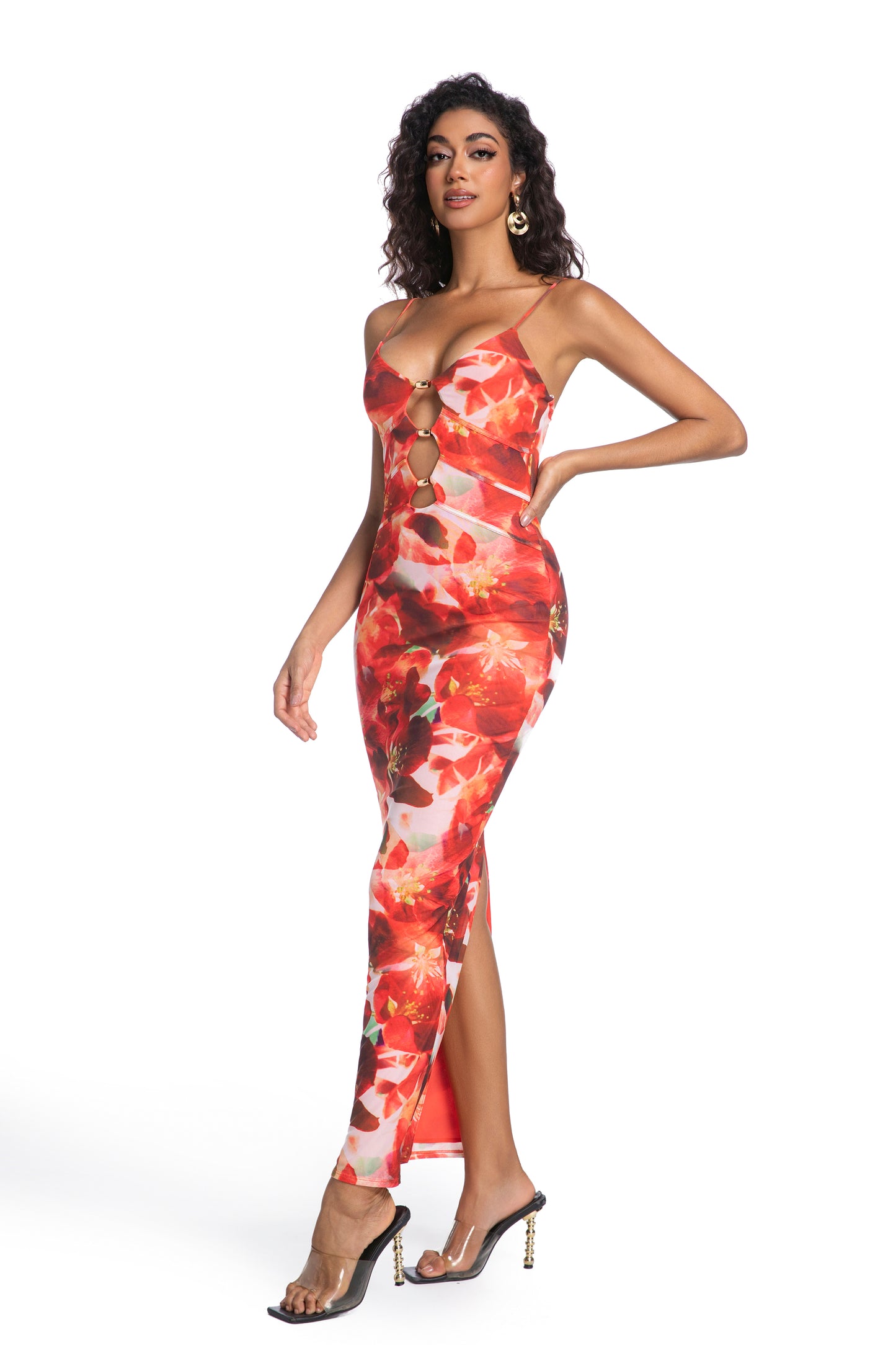 Red Floral Strappy Maxi Dress