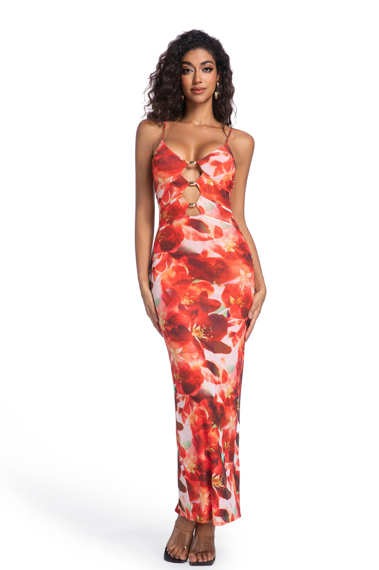 Red Floral Strappy Maxi Dress