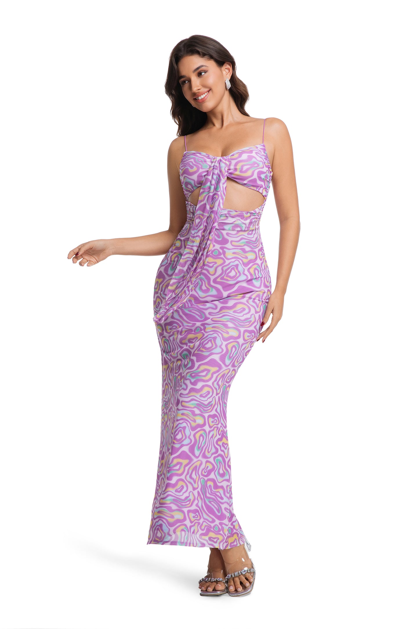Pink Psychedelic Print Cutout Maxi Dress