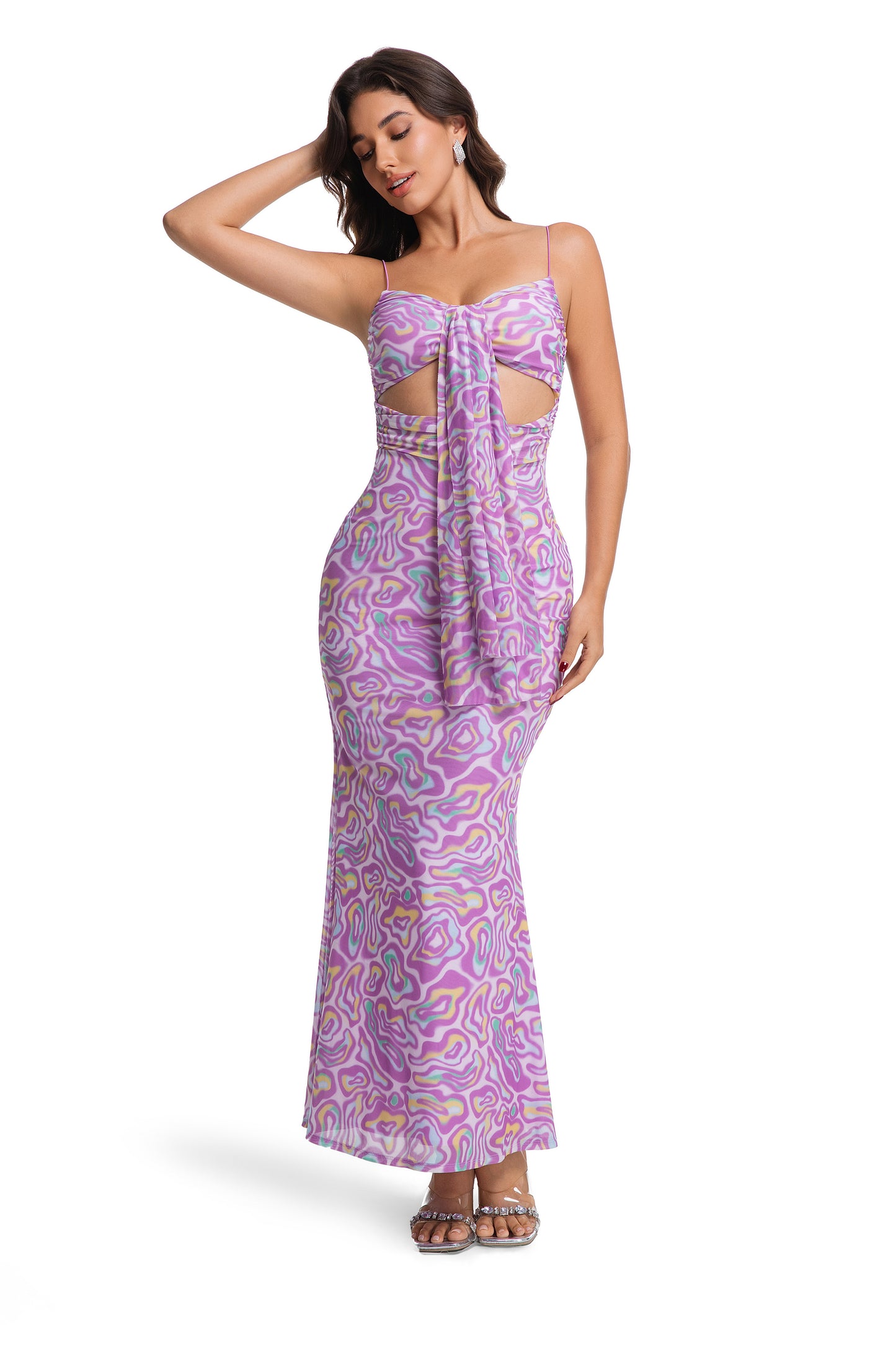 Pink Psychedelic Print Cutout Maxi Dress