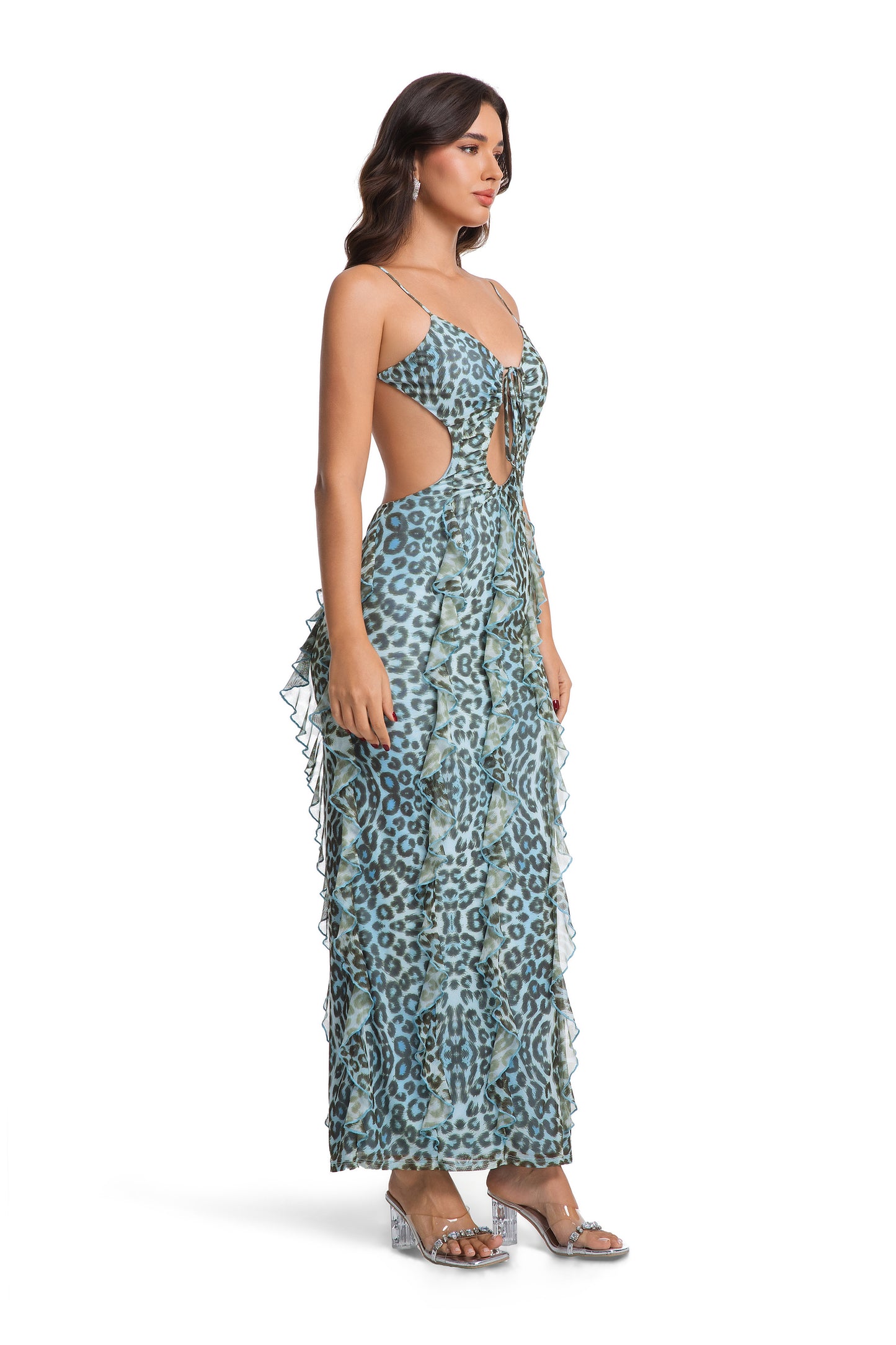 Teal Leopard Cutout Spaghetti Strap Midi Dress