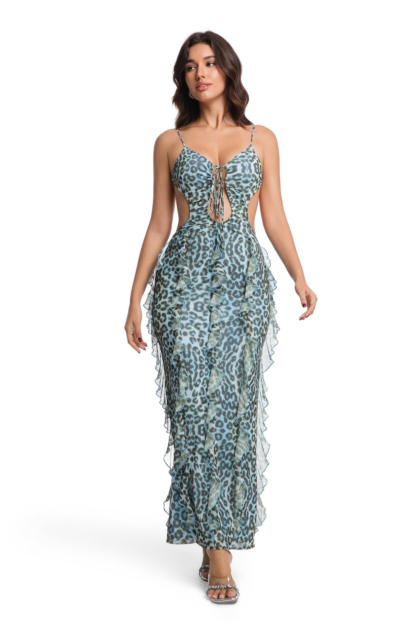 Teal Leopard Cutout Spaghetti Strap Midi Dress