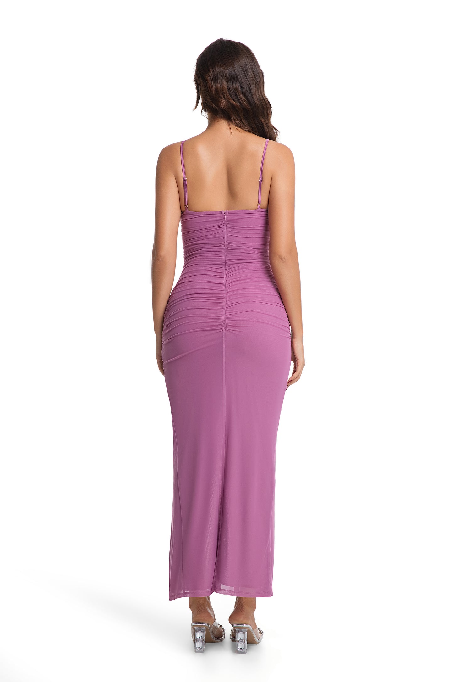 Magenta Ruched Bodycon Maxi Dress with Side Slit