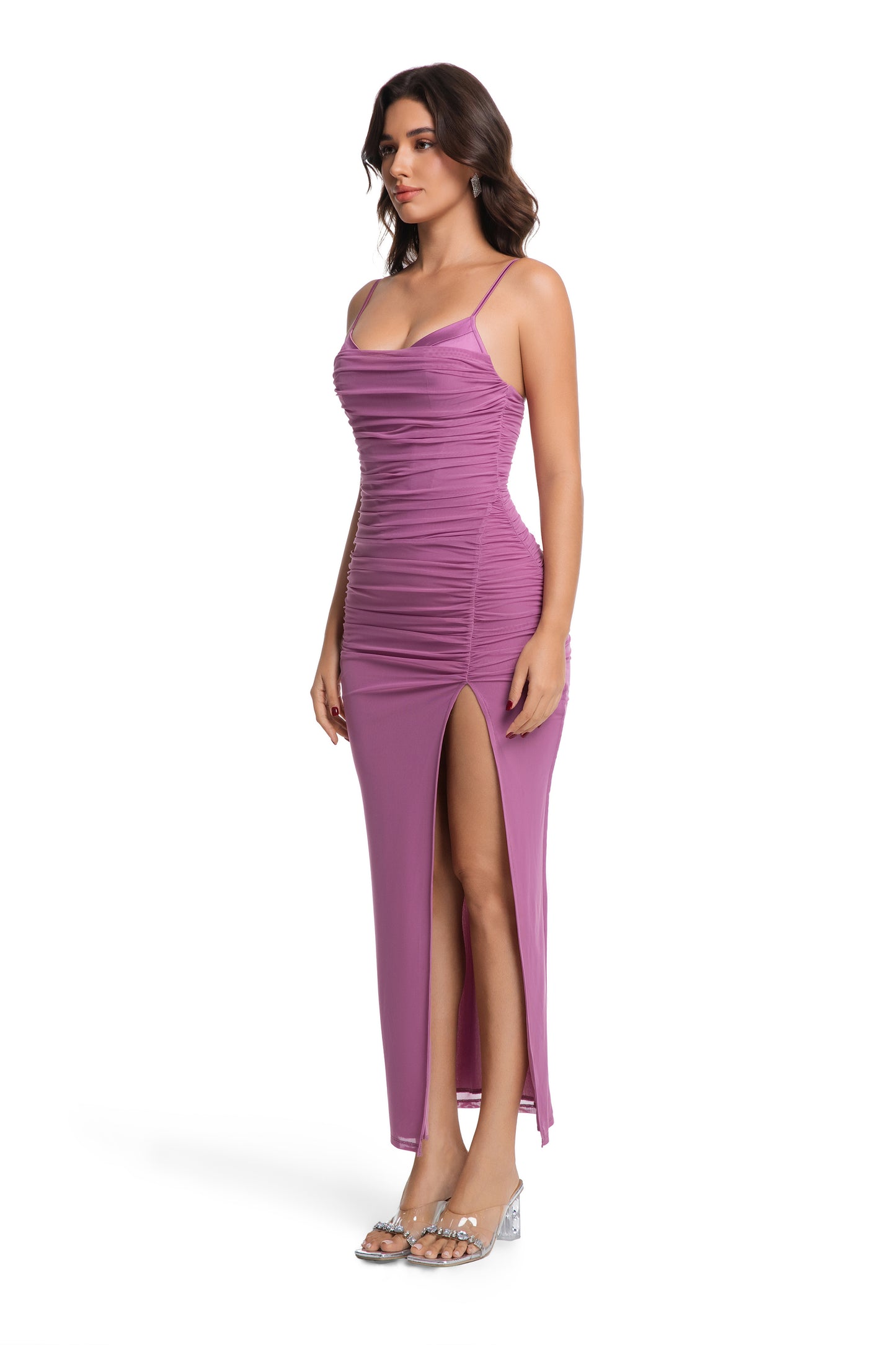 Magenta Ruched Bodycon Maxi Dress with Side Slit