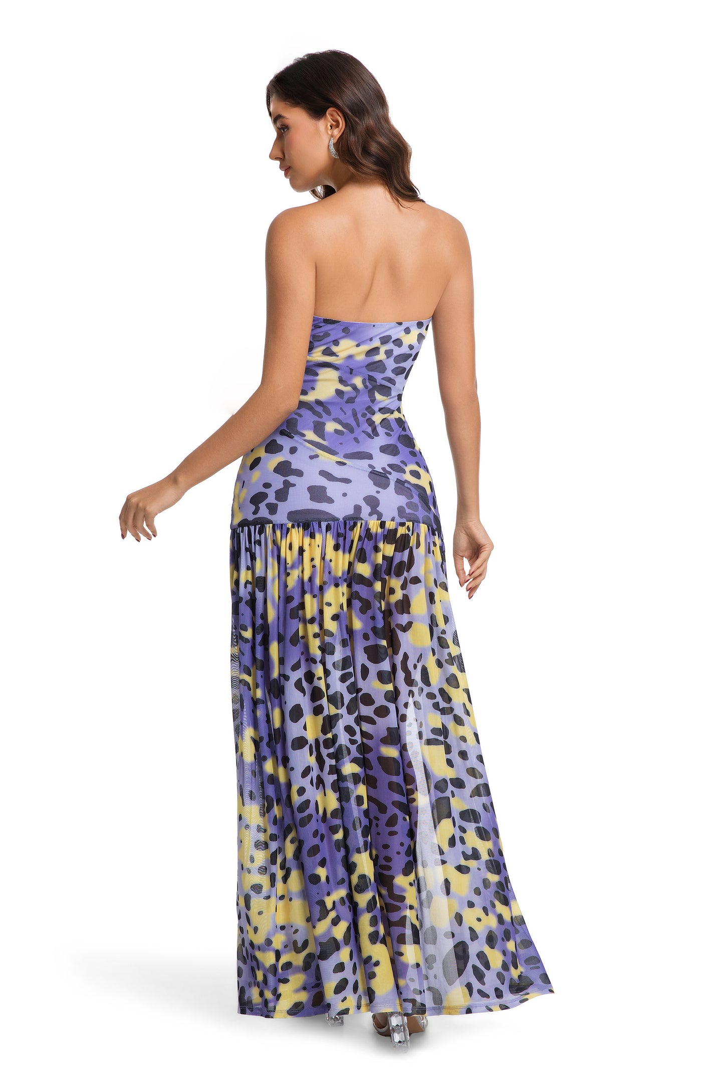 Yellow-Purple Leopard Chiffon Maxi Dress