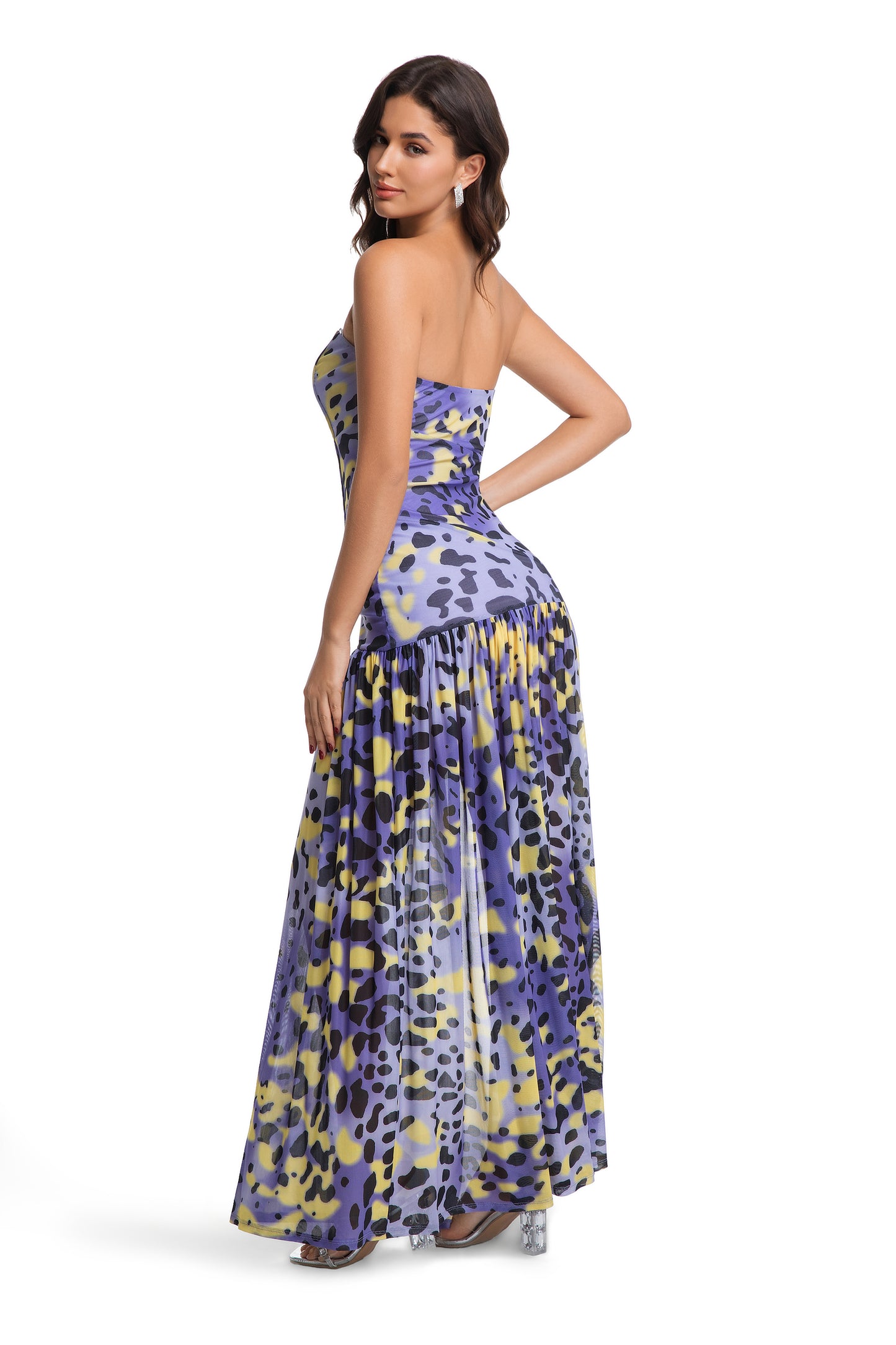 Yellow-Purple Leopard Chiffon Maxi Dress