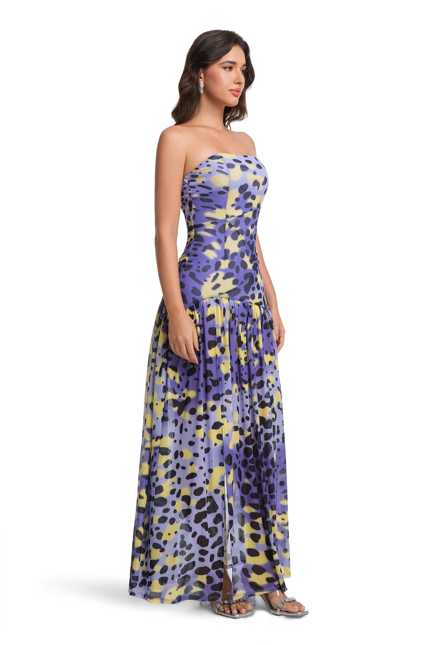 Yellow-Purple Leopard Chiffon Maxi Dress