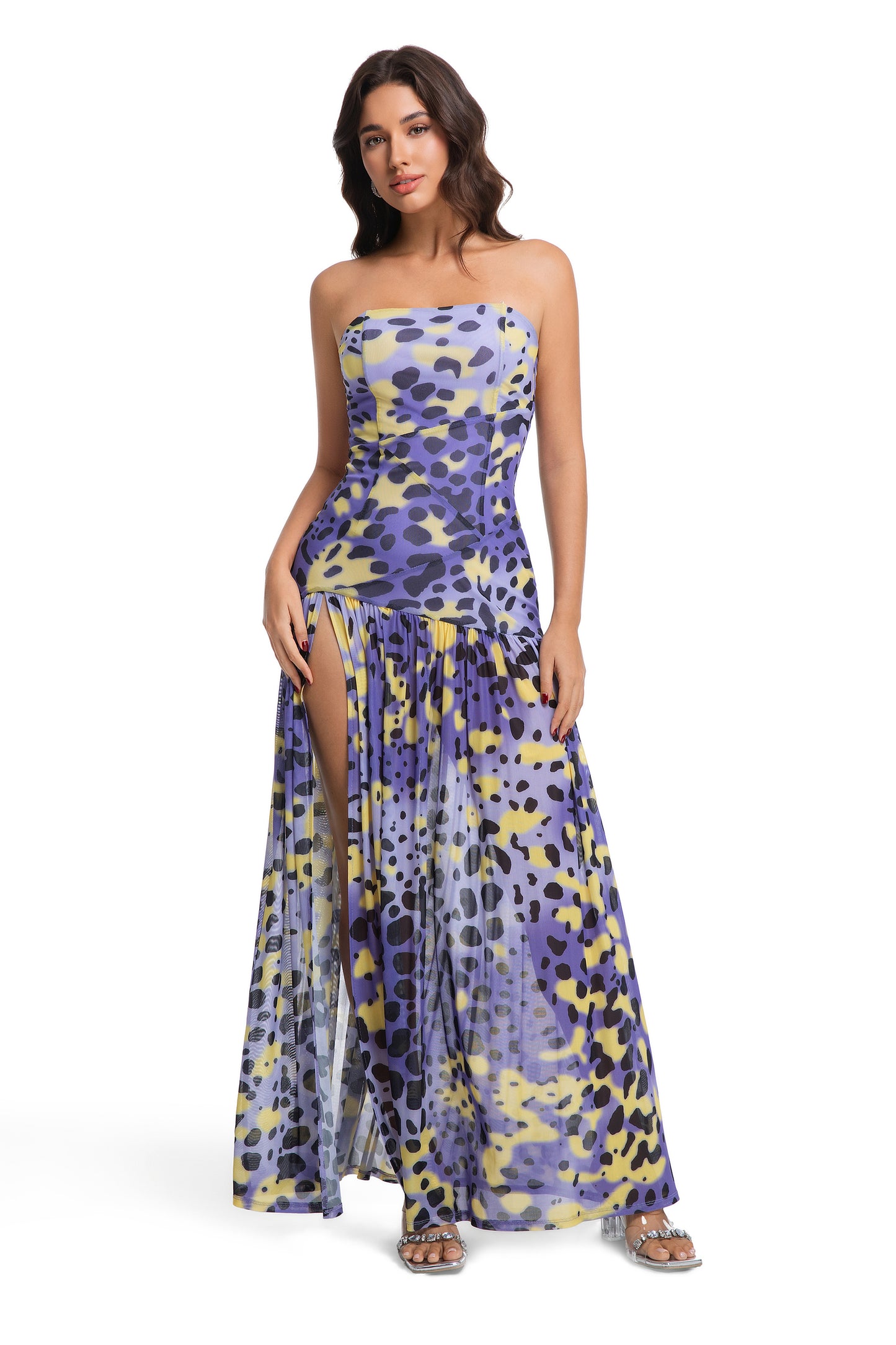 Yellow-Purple Leopard Chiffon Maxi Dress