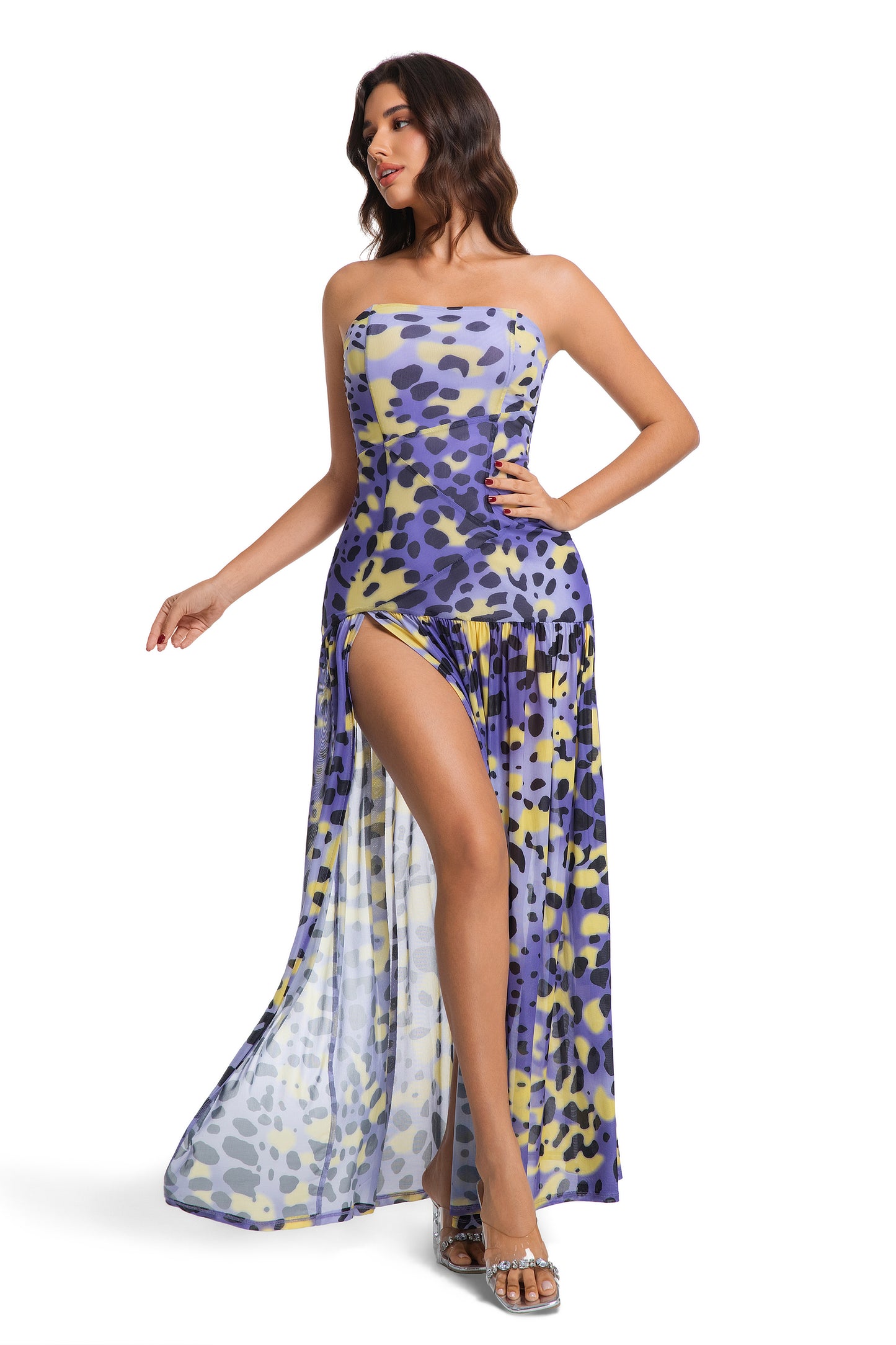 Yellow-Purple Leopard Chiffon Maxi Dress