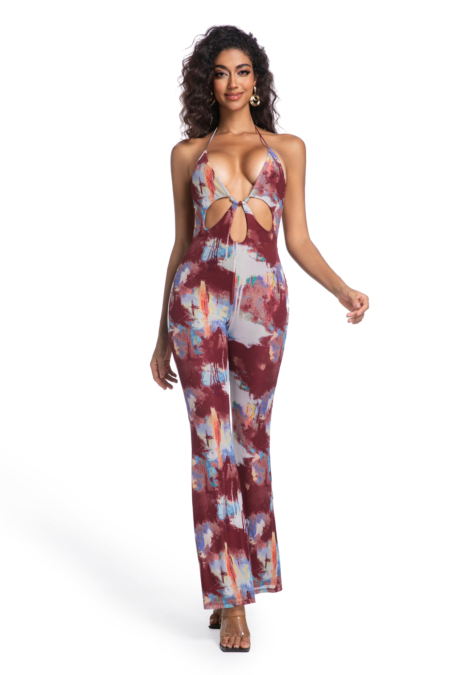 Wine & Sky Swirl Halter Jumpsuit