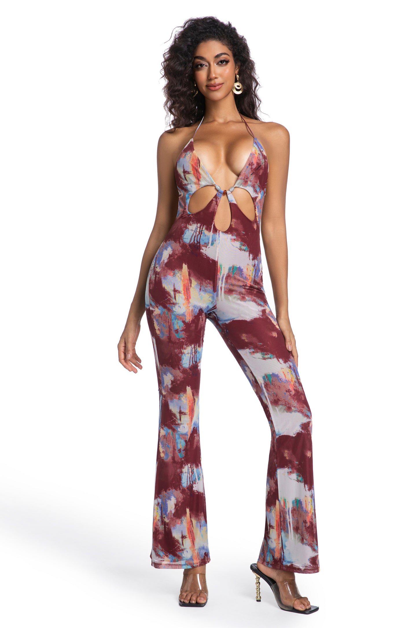 Wine & Sky Swirl Halter Jumpsuit