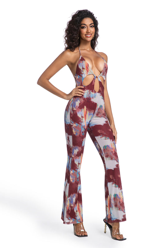 Wine & Sky Swirl Halter Jumpsuit