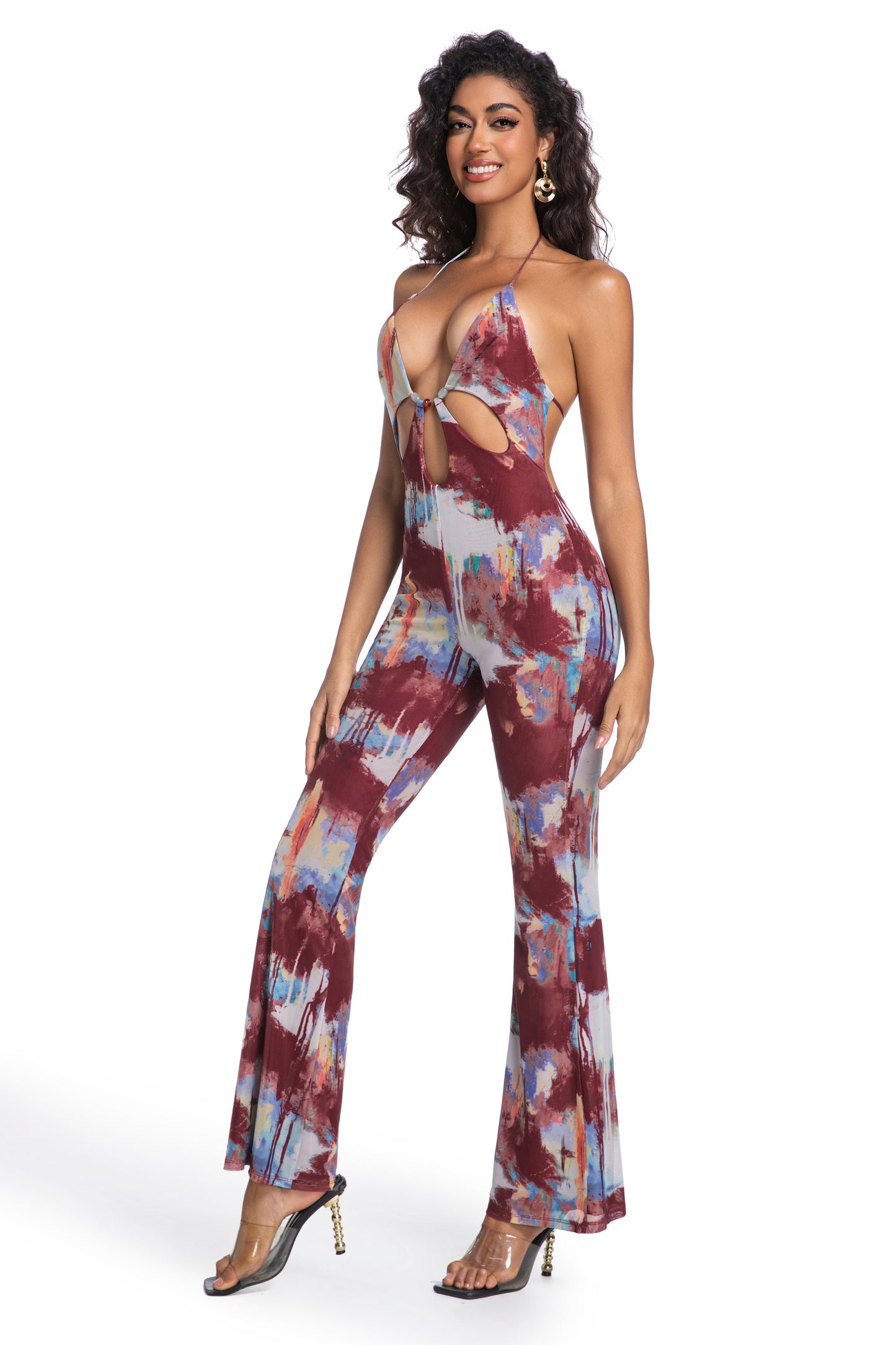 Wine & Sky Swirl Halter Jumpsuit
