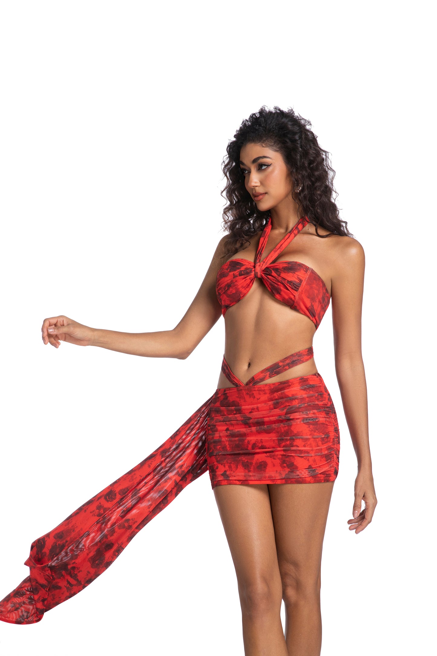 Fiery Red Tie-Front Skirt Set